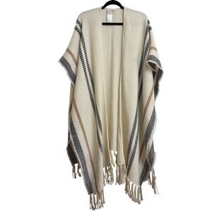 Free People Cream Black Brown Fringe Kimono Poncho Wrap‎ Scarf Oversized Luxury